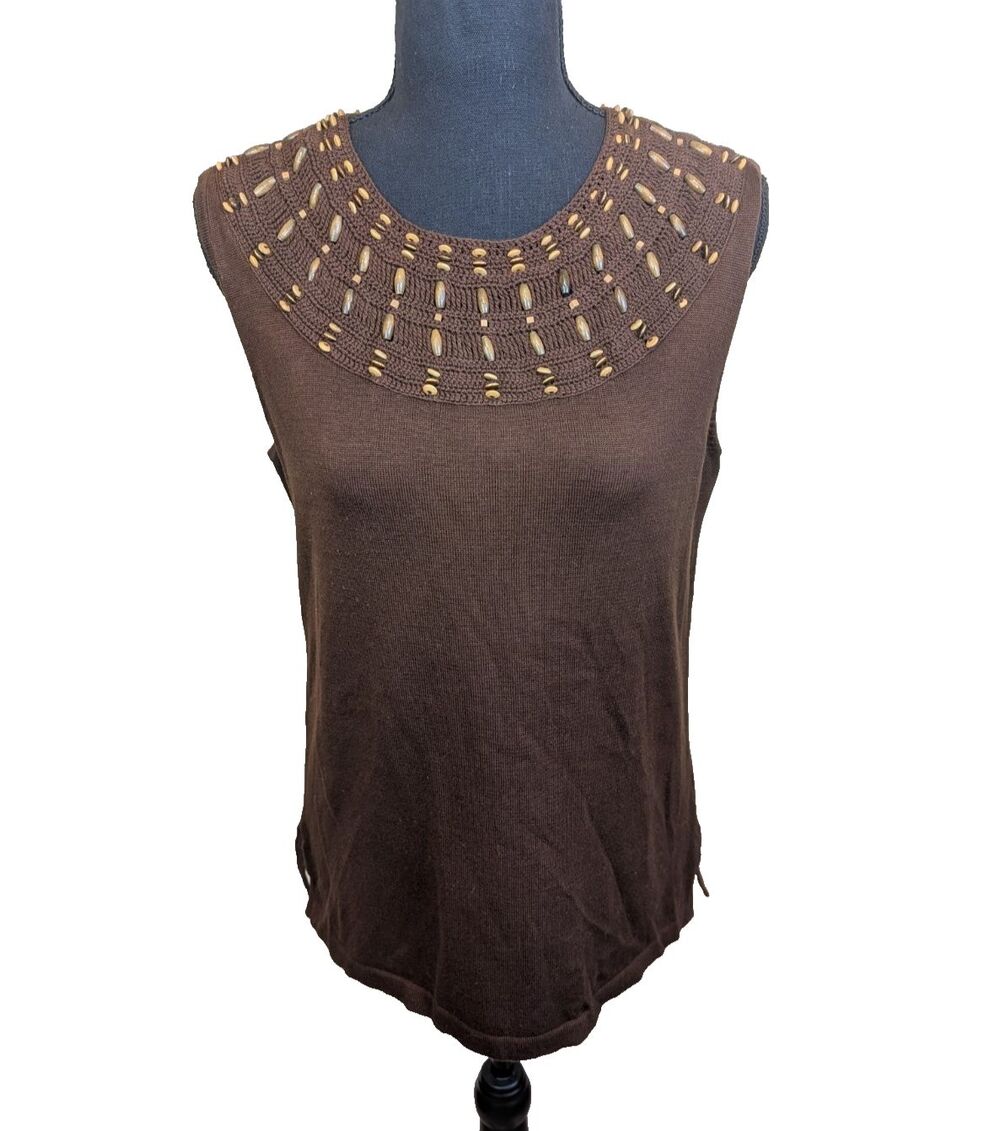 Jones New York Women Top Brown Mercerized Cotton Knit Beaded Boho Fall Medium